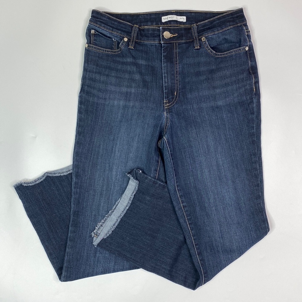 Nine West Kick Flare Denim Jeans Dark Wash Raw Hem Size 8